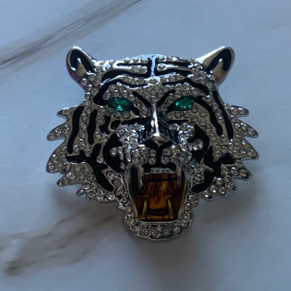 Rhinestone Tiger Head Brooch Pin Silver Tone Enamel Roaring Green Eyes